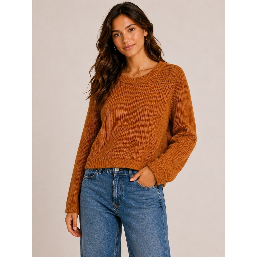 Quince Cotton Knit Fisher Man Crew Neck Long Sleeve Sweater Ginger Large